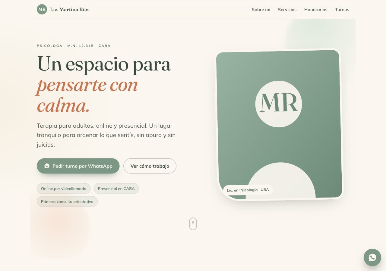 Una web real entregada por Pilotzu: el sitio de una psicologa con boton de WhatsApp